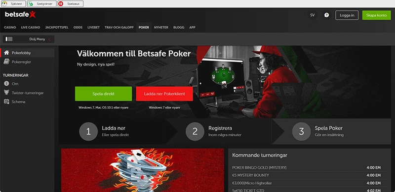 Skärmdumpar: Hemsida Betsafe Poker