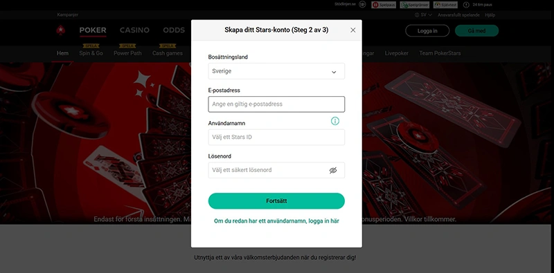 Skärmdumpar: Registreringsprocess PokerStars