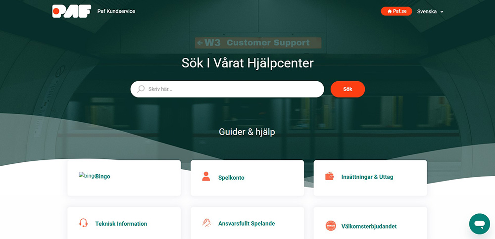 Skärmdump: Kundtjänst PAF pokersajt