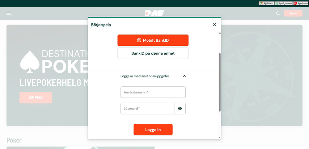 Skärmdump: Logga in PAF pokersajt