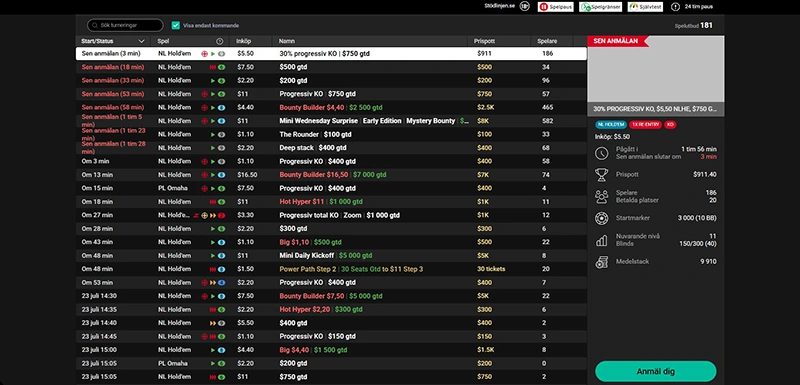 Skärmdumpar: Turneringssida PokerStars