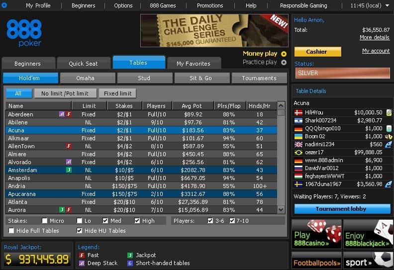 Poker online 888Poker Lobby