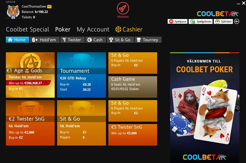 Skärmdumpar: Applikation Hemsida Coolbet Poker