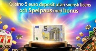 En digital grafik med en 5 euro-sedel på en svart plattform, omgiven av kasinorelaterade symboler som tärningar, spelkort, och ett rouletthjul. Texten 'Casino 5 euro deposit utan svensk licens och Spelpaus med bonus' i stora, gyllene bokstäver på en färgglad bakgrund.