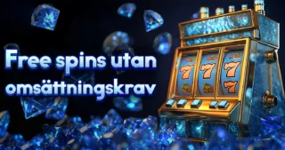 En spelautomat på en blå bakgrund omgiven av diamanter. Inskriptionen 