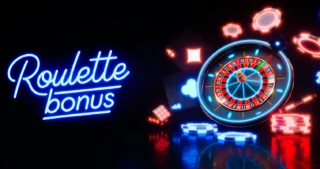 En neonljusdesign med texten 'Roulette bonus' tillsammans med ett roulettehjul och spelmarker.